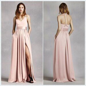 Vera Wang White Halter Neck With Sash Dress Bridesmaid Maxi Blush Pink 4